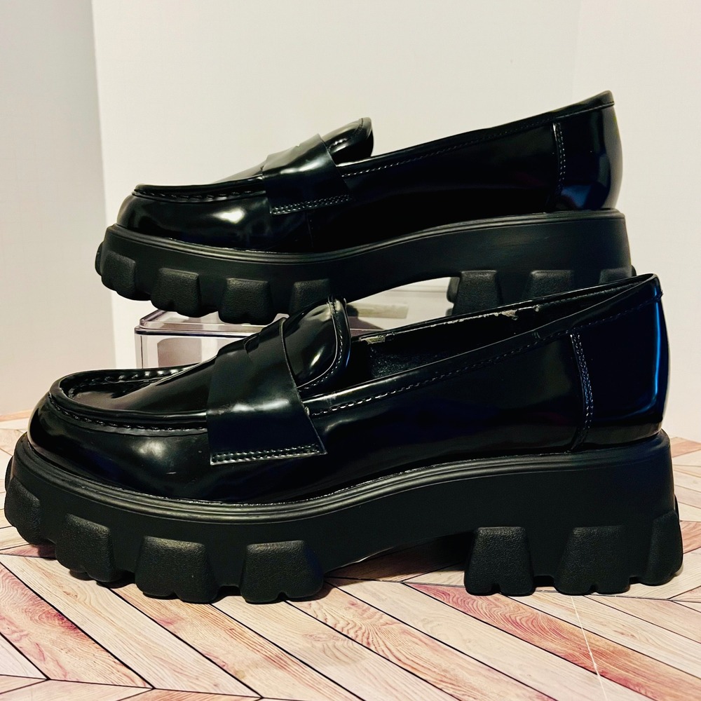 Bar III Paz Penny Loafers Platform Women's 9M Black Patent Leather Lug Preppy